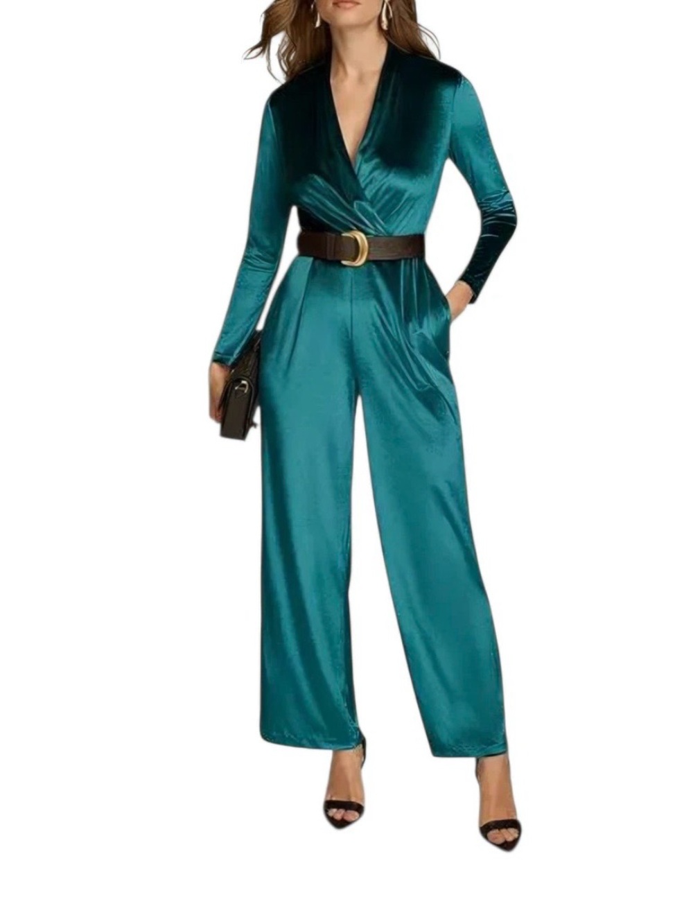 Donna Karan Teal velvet Wrap-Front Wide-Leg Jumpsuit - Picture 5 of 9
